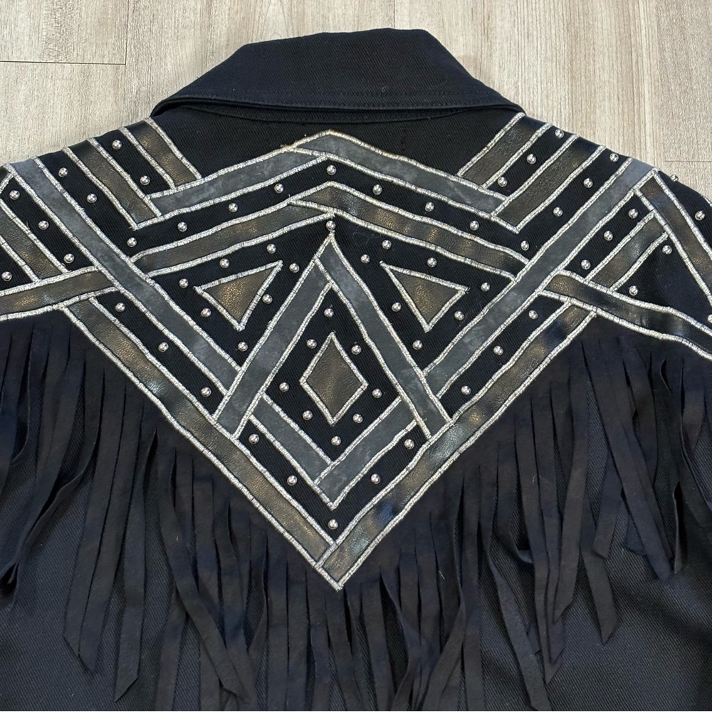 Vintage IB Diffusion Small Black Fringe Western Jacket Studded Yoke Belted 90s - Picture 10 of 15